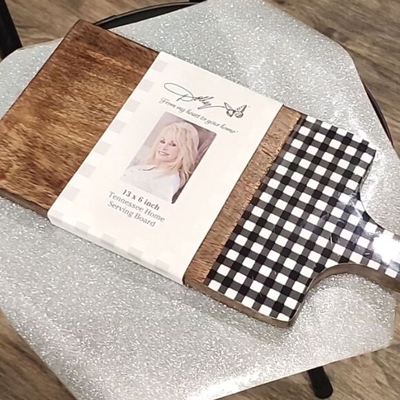Tabletops X Dolly Parton Acacia Wood Black & White Plaid Serving Platter - Picture 6 of 6